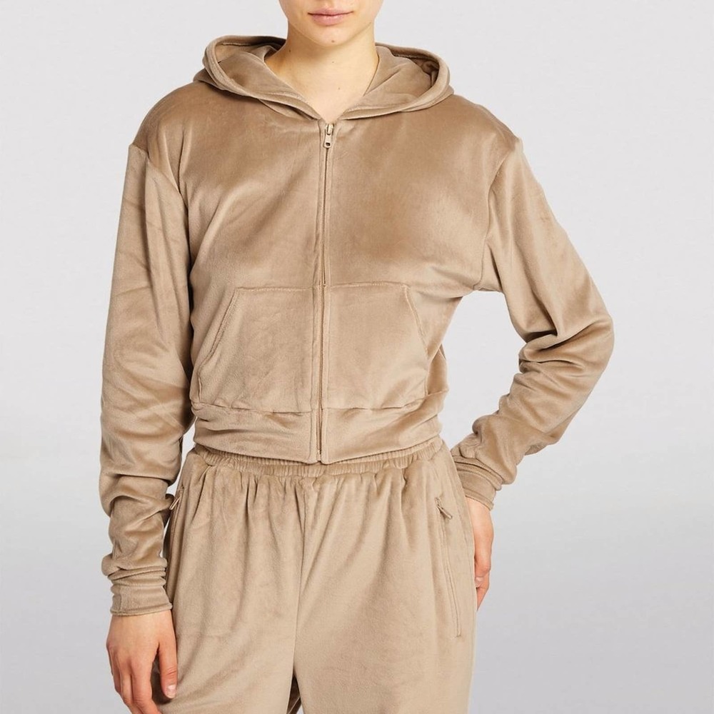 SKIMS Cropped Zip Up Velour Hoodie Chestnut Tan {H40}